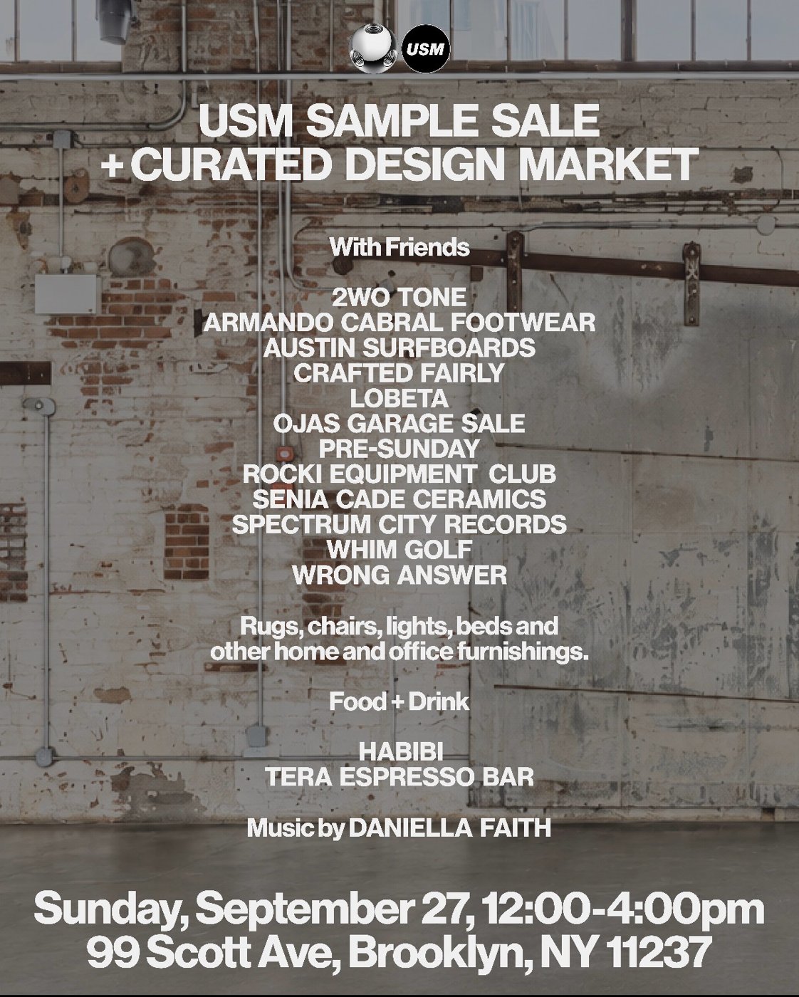 Flyer for the USM Sample Sale and Curated Design Market in Brooklyn, with 2WO TONE listed first among the featured brands