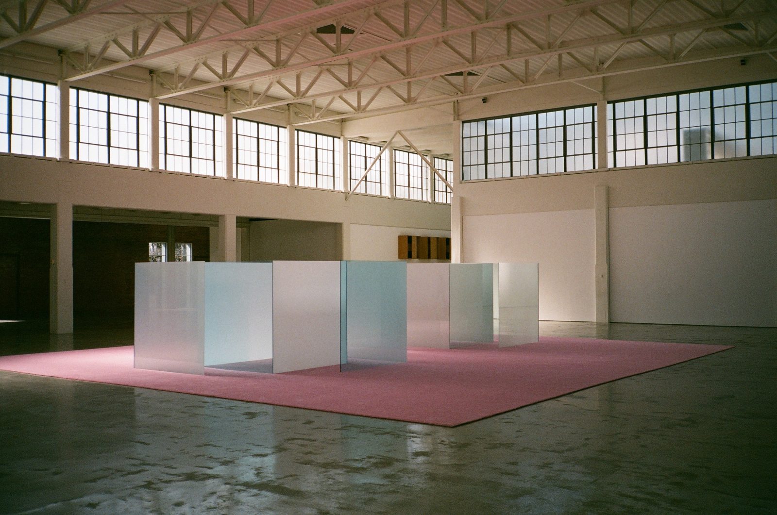 Frosted glass boxes on a pink carpet in a wide industrial hall