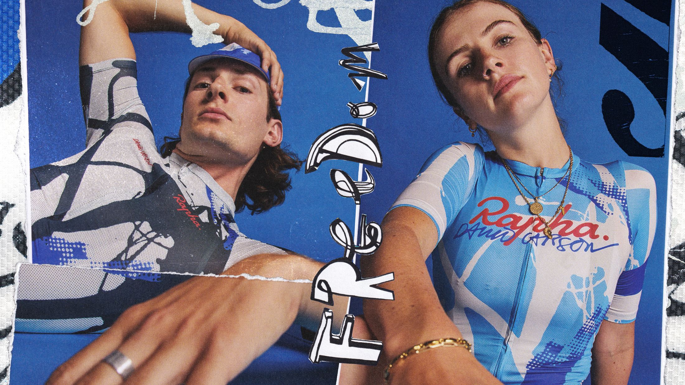 Two riders in the blue and white David Carson jerseys, collaged with cut-paper type