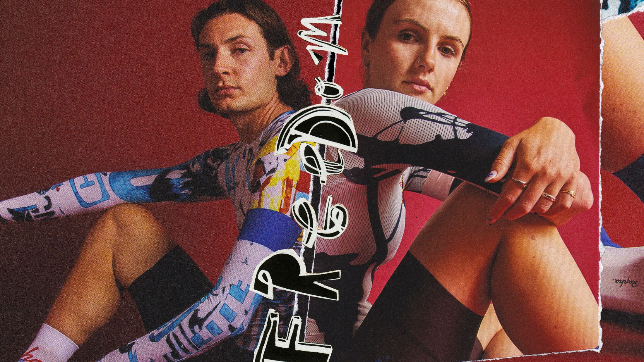 Two riders seated in long-sleeve kit against red, FREEDOM type running vertically