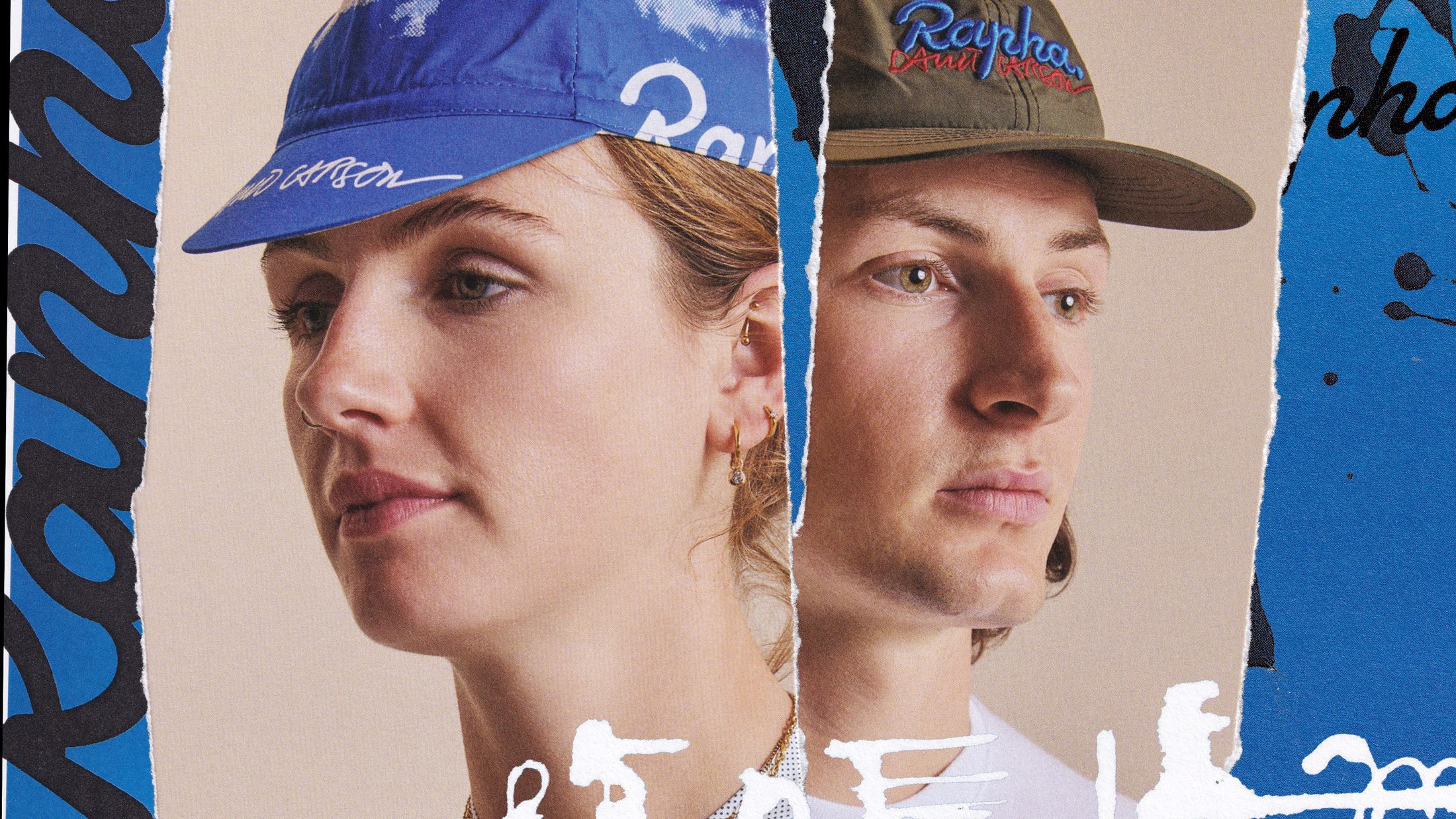 Close split portraits of riders in a blue cycling cap and an olive Rapha cap