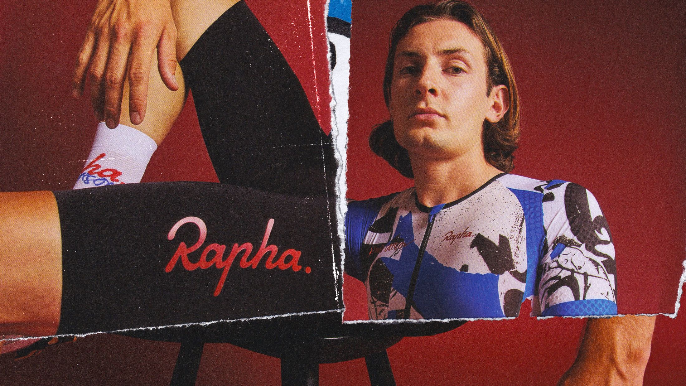 Bib shorts with the Rapha logo beside a rider in the navy jersey, on red