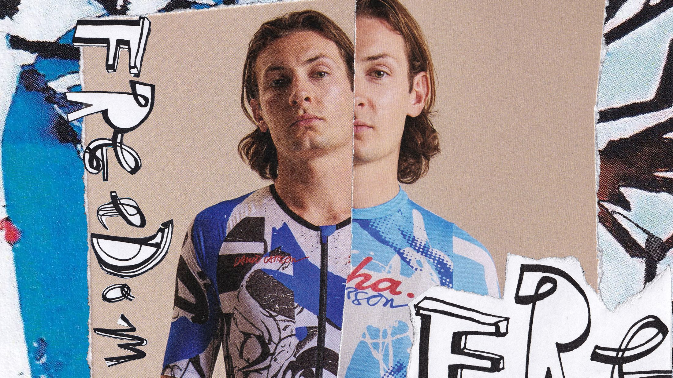 Split portrait of a rider in the collage-print jersey, torn paper edges