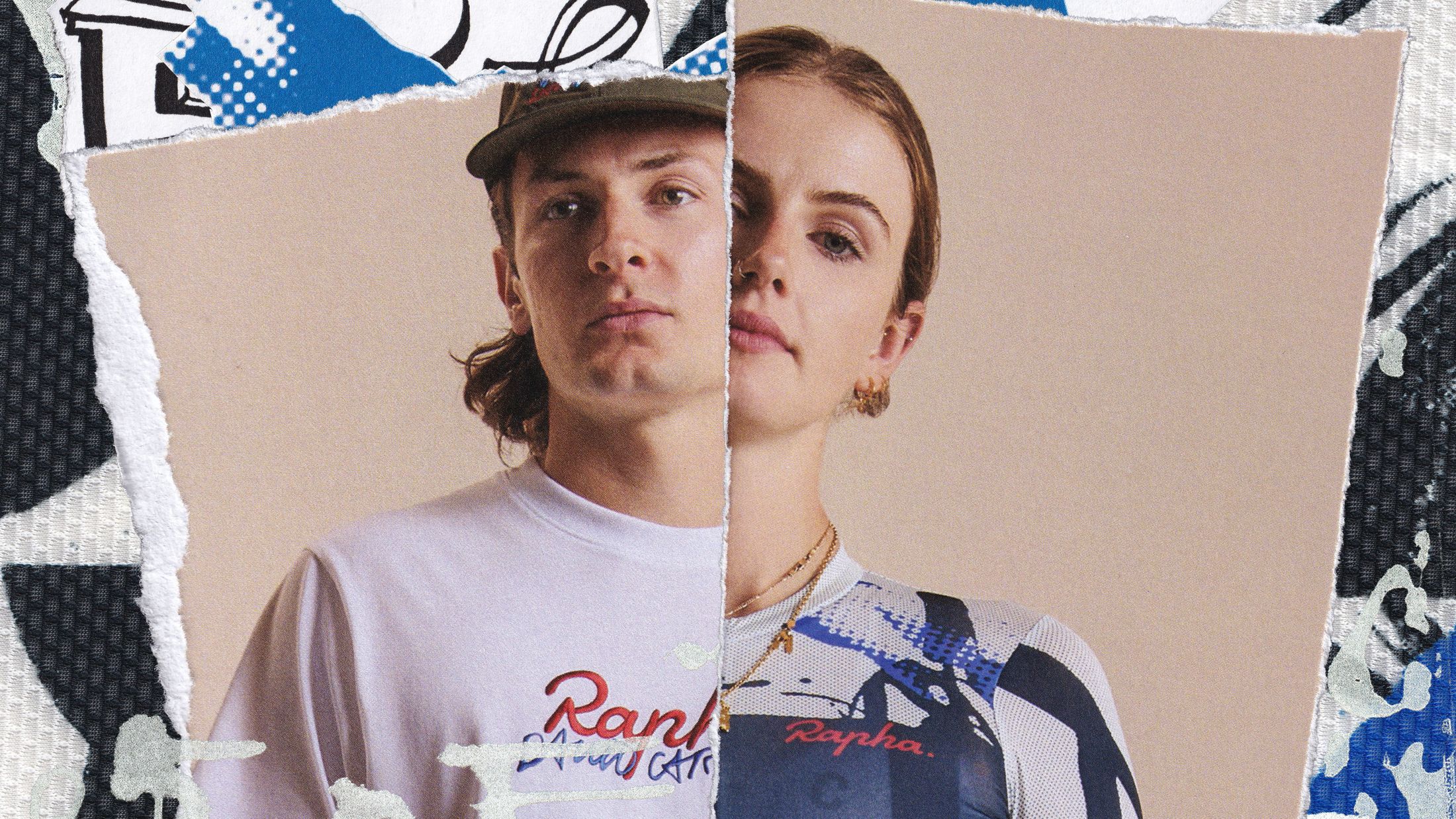 Split portraits of two riders in a cap and white Rapha David Carson tee