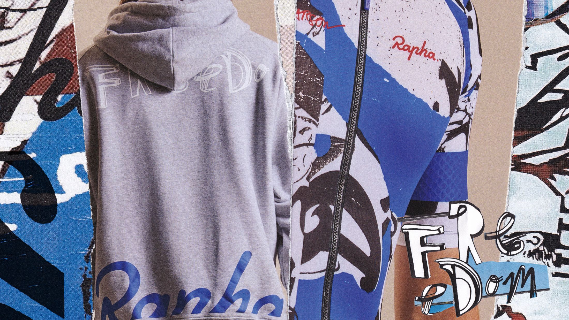 Grey Rapha hoodie beside the jersey print, with FREEDOM lettering