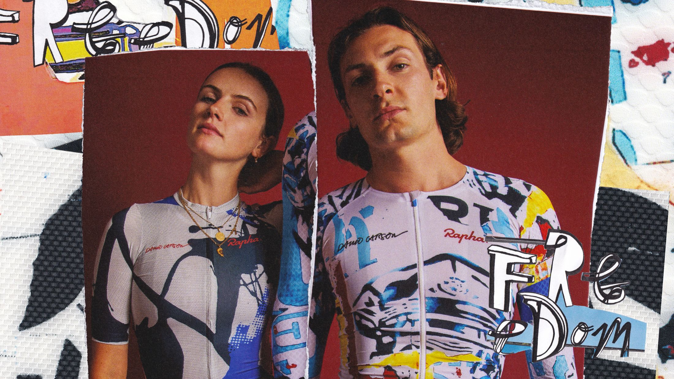 Two riders framed in torn-paper panels on a red background