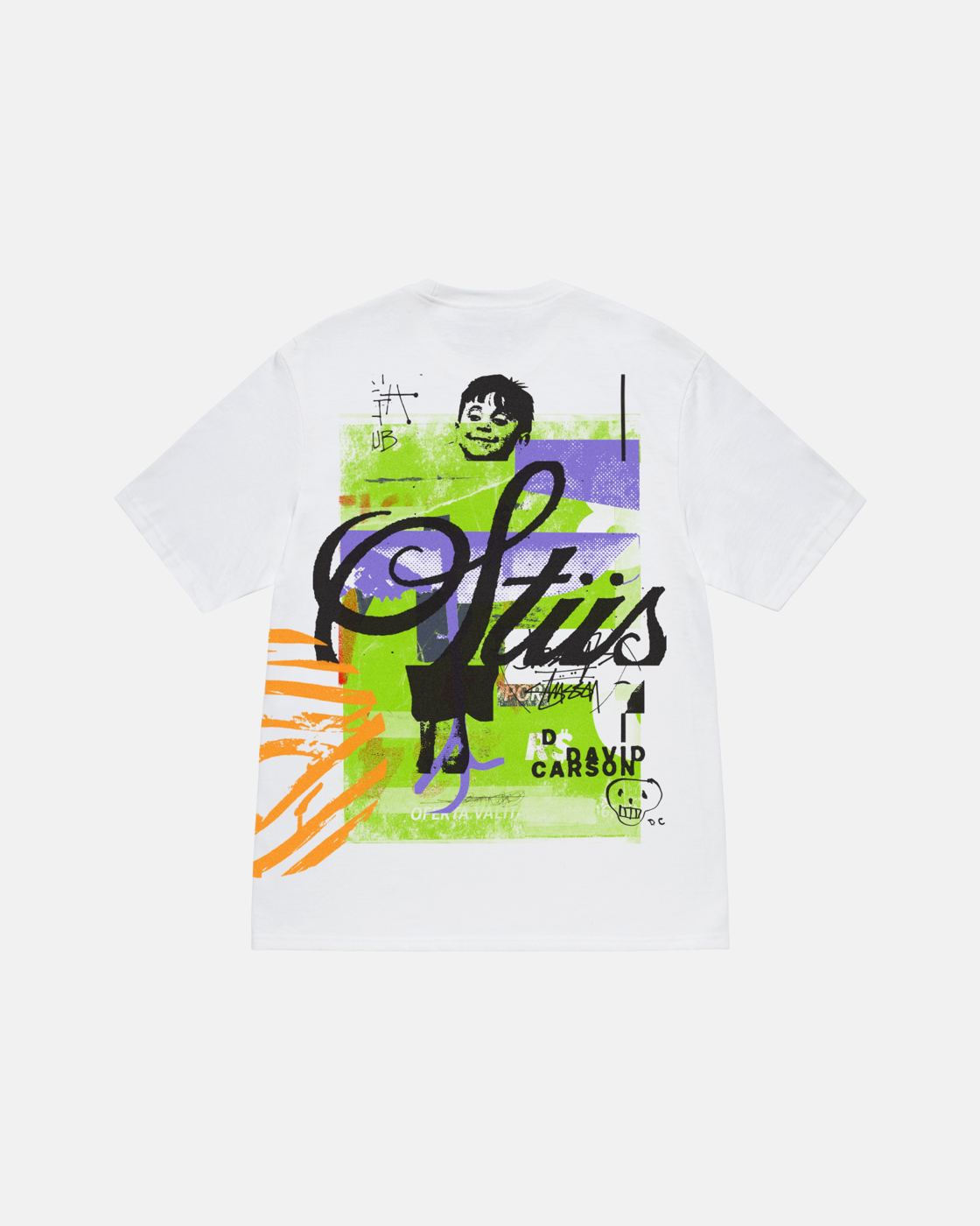 White tee, script collage print