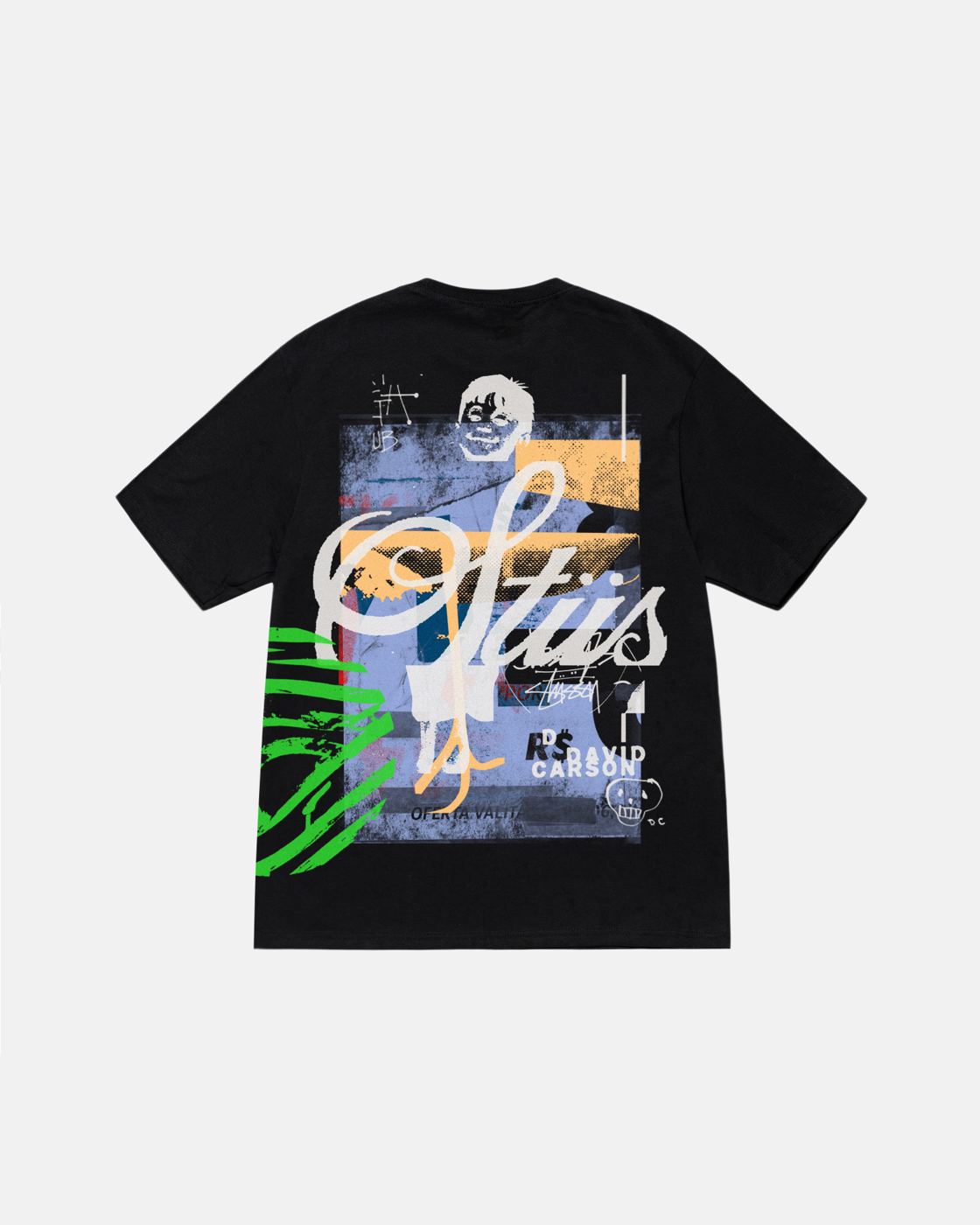 Black tee, script collage print
