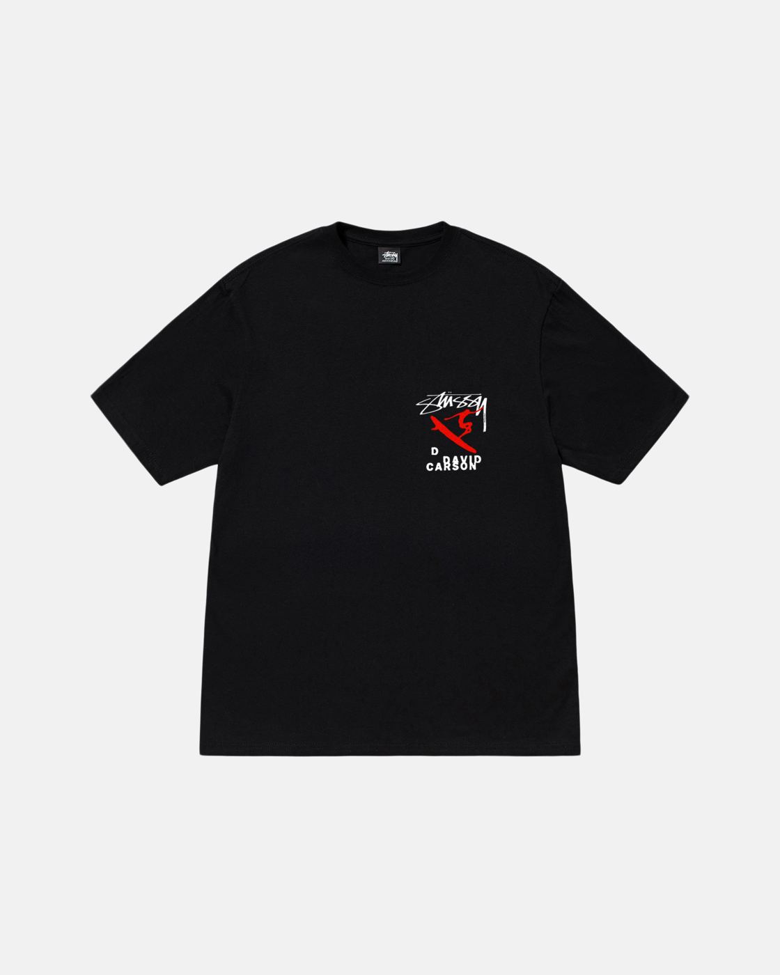Black tee with red surfer pocket print, Stüssy and David Carson