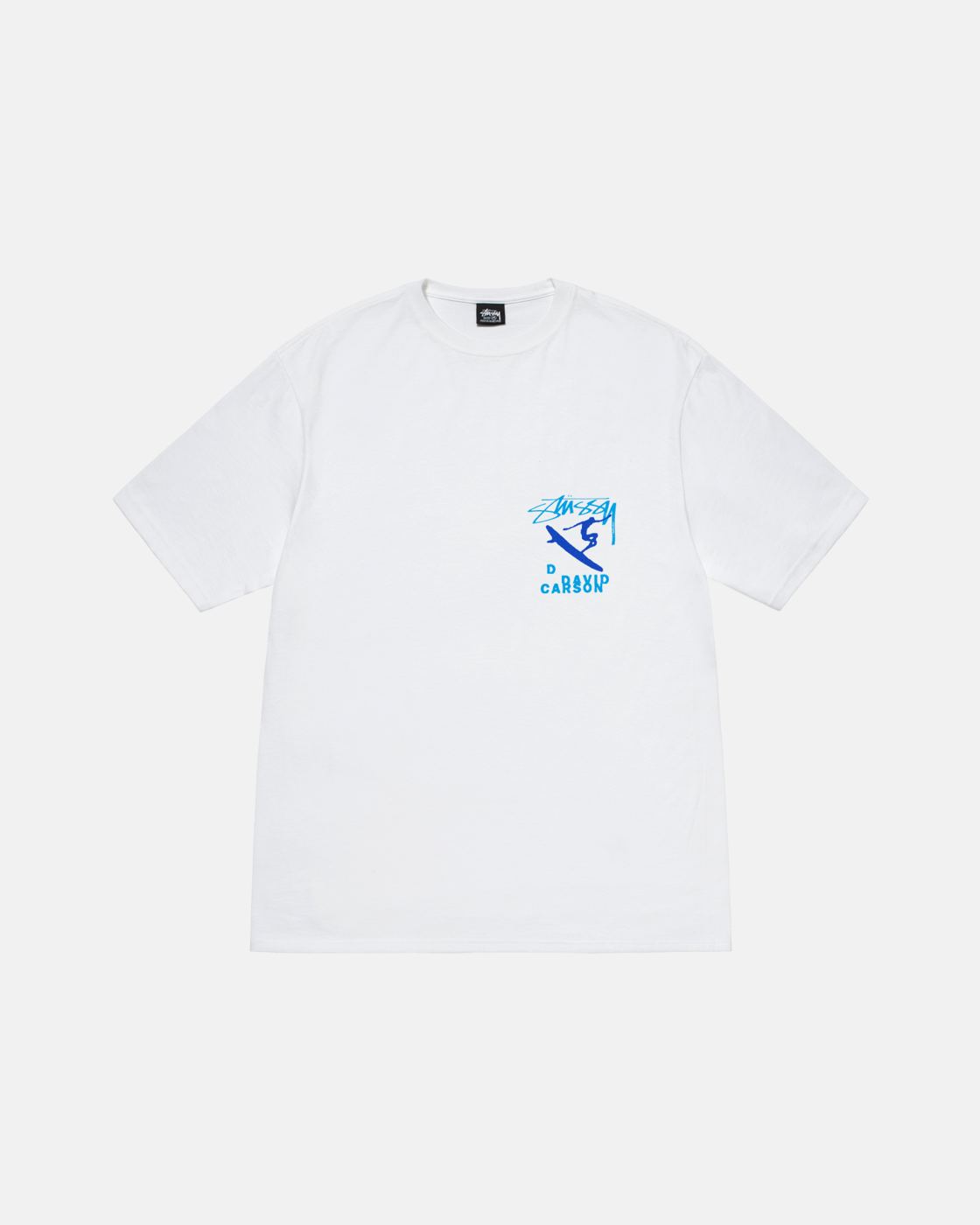 White tee with blue surfer pocket print, Stüssy and David Carson